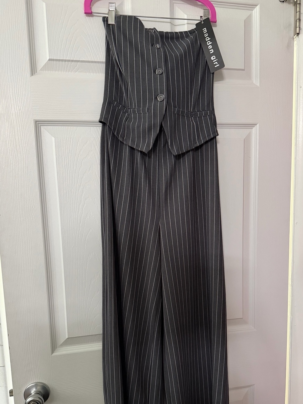 Madden Girl Wide-Leg Dark Grey Pinstripe Jumpsuit - Picture 3 of 3